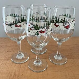 Set of 4 VTG Libbey WINTER VILLAGE 12oz Christmas Wine / Water Glasses Goblets